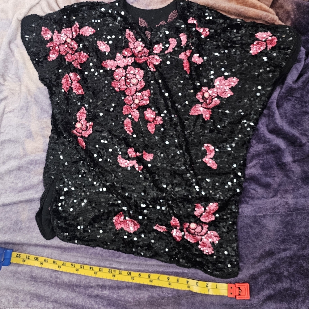 Notations Black Sequin Top with Pink Floral Appliqué